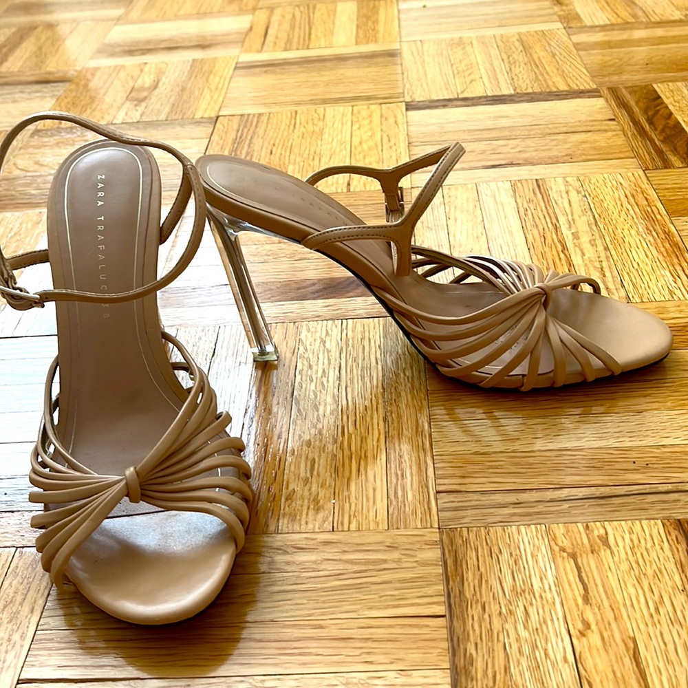 Zara Strappy Acrylic Heel Sandal Stiletto Size 38 / 7.5